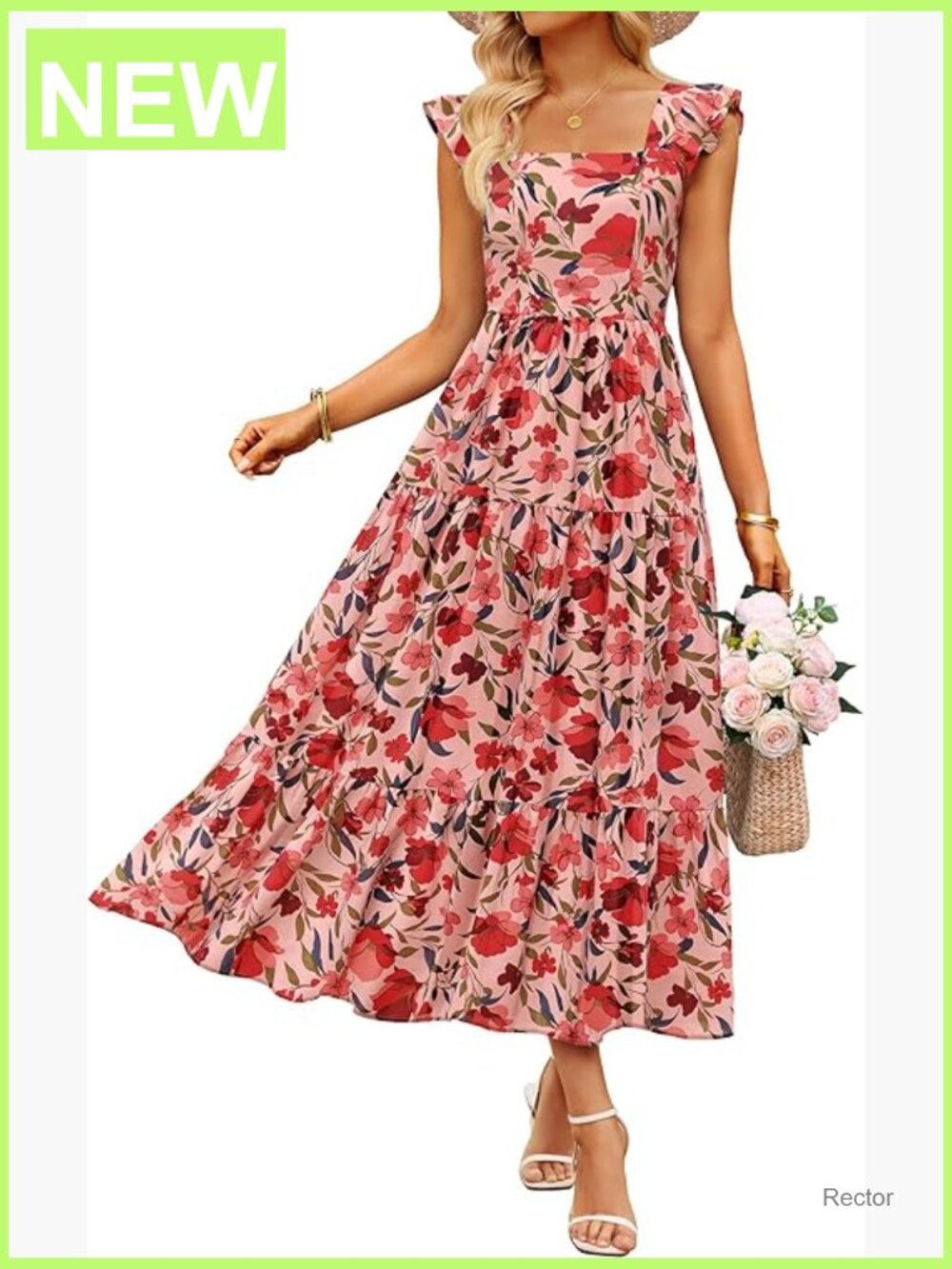 Boho Floral Midi Dress Ruffle Cap Sleeve Square Neck Smocked Back Tiered Casual